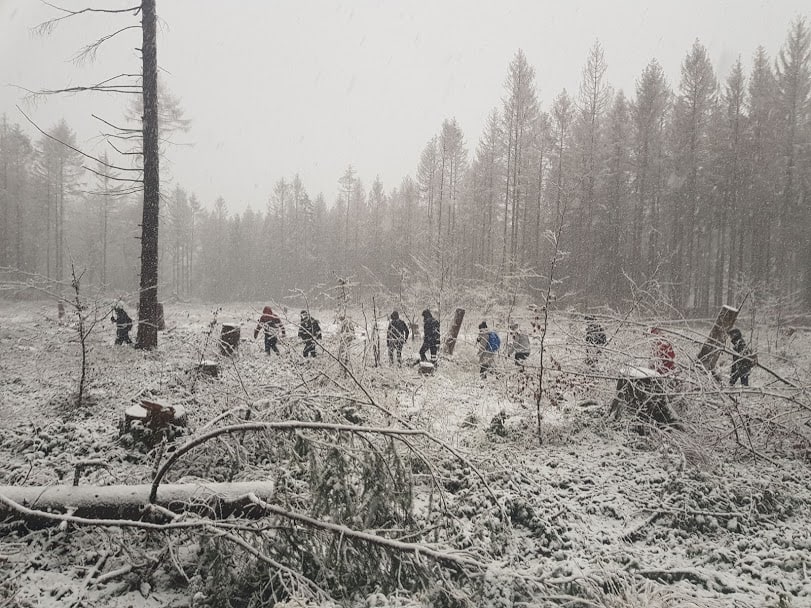 winter tour with students in forest